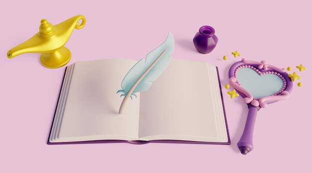 Fondo 3d con cuento de hadas leyendo libro infantil.