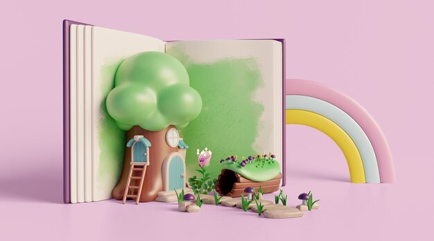 Fondo 3d con cuento de hadas leyendo libro infantil.
