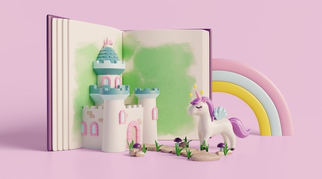 Fondo 3d con cuento de hadas leyendo libro infantil.