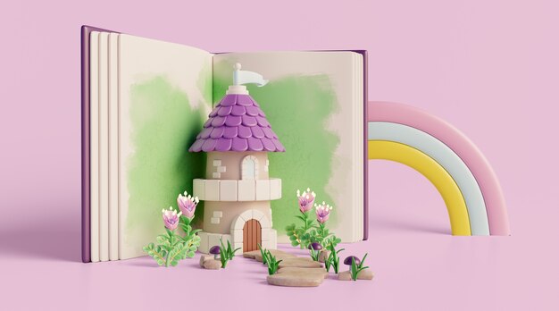 Fondo 3d con cuento de hadas leyendo libro infantil.