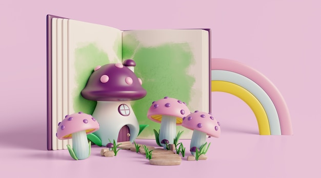 PSD gratuito fondo 3d con cuento de hadas leyendo libro infantil.