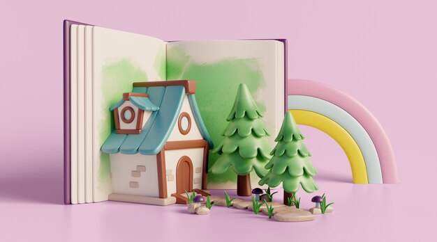 Fondo 3d con cuento de hadas leyendo libro infantil.
