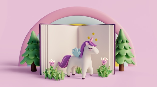 Fondo 3d con cuento de hadas leyendo libro infantil.