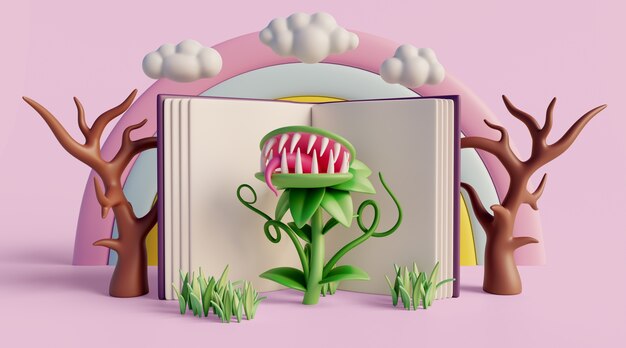 Fondo 3d con cuento de hadas leyendo libro infantil.