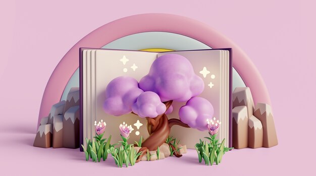 Fondo 3d con cuento de hadas leyendo libro infantil.