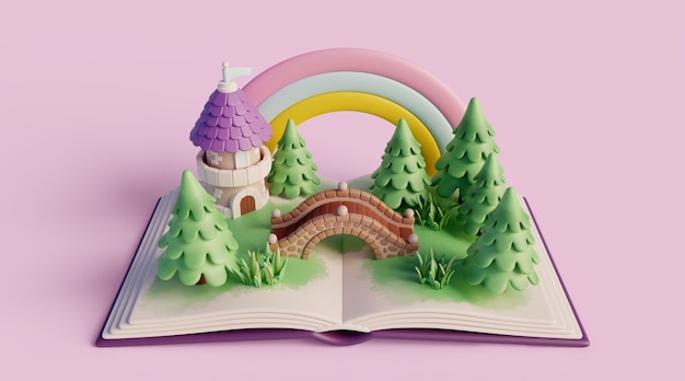 Fondo 3d con cuento de hadas leyendo libro infantil.