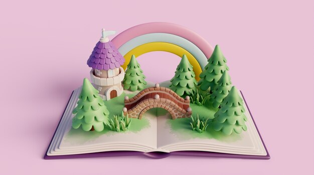 Fondo 3d con cuento de hadas leyendo libro infantil.