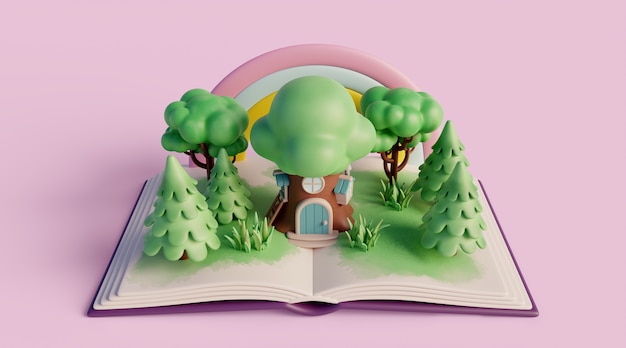 Fondo 3d con cuento de hadas leyendo libro infantil.
