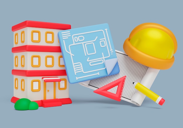 Fondo 3d con elementos de arquitectura e ingeniería.