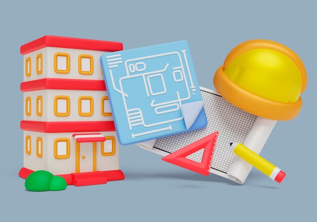 Fondo 3d con elementos de arquitectura e ingeniería.