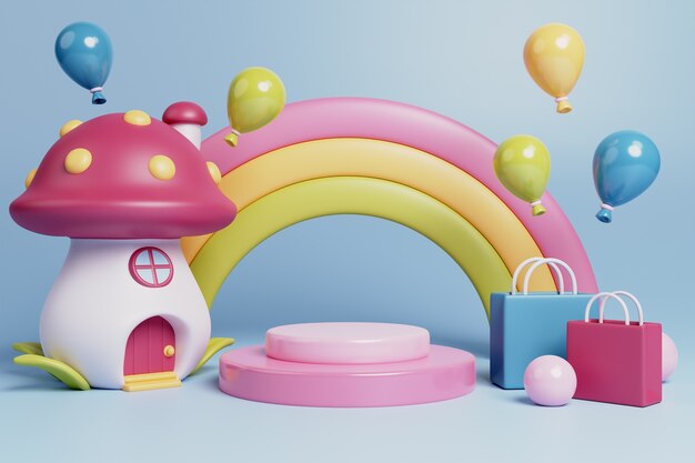 Fondo 3D con elementos de cuentos de hadas y podio de venta