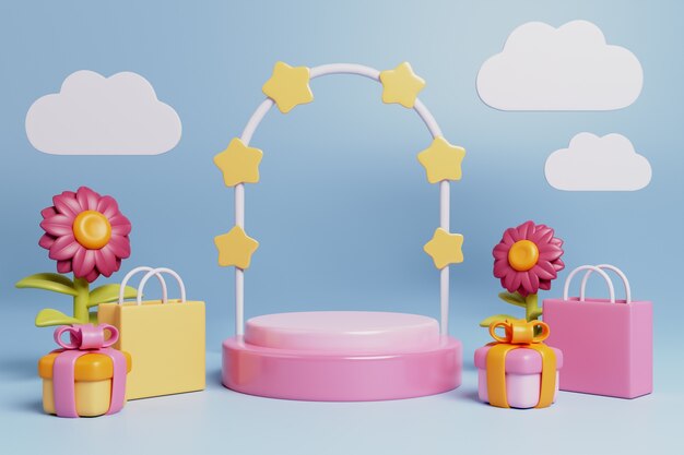 Fondo 3D con elementos de cuentos de hadas y podio de venta