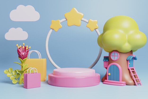 Fondo 3d con elementos de cuentos de hadas y podio de venta.