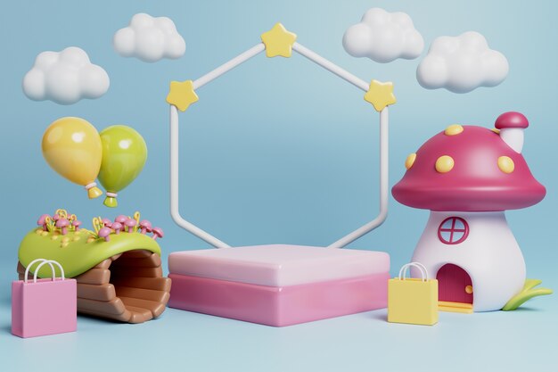 Fondo 3D con elementos de cuentos de hadas y podio de venta