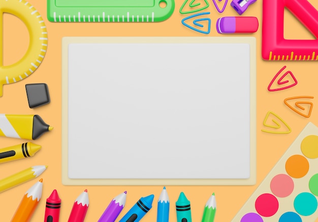 Fondo 3d con pancarta en blanco y materiales de arte.