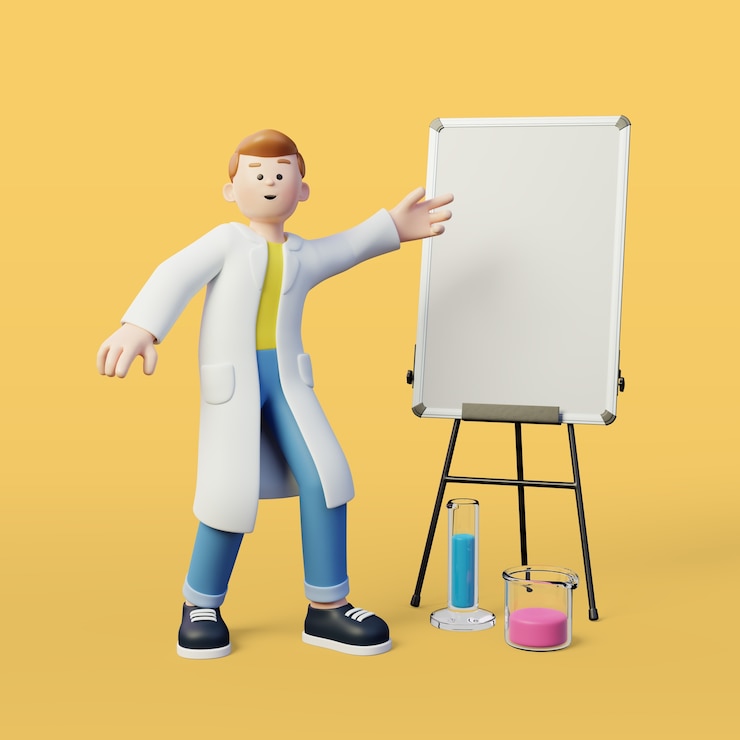 PSD gratuito fondo 3d de poses de científico masculino en bata de laboratorio