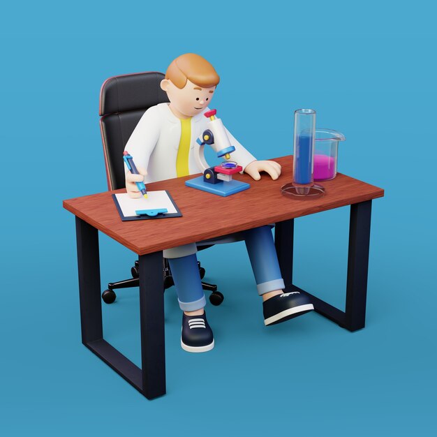 Fondo 3d de poses de científico masculino en bata de laboratorio