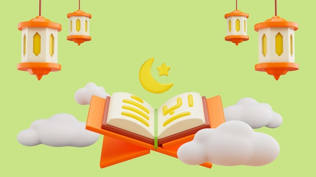 PSD gratuito fondo 3d de ramadán con libro, nubes y linternas