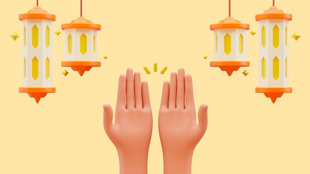 Fondo 3d de ramadán con manos en oración y linternas