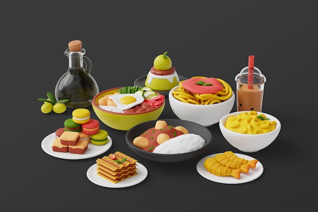 Fondo 3d con surtido de platos gastronómicos.