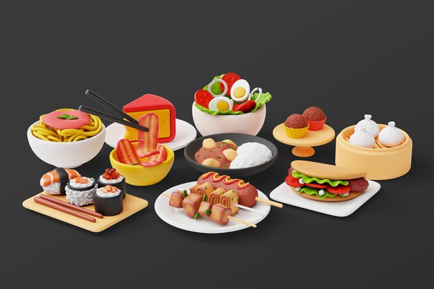 Fondo 3d con surtido de platos gastronómicos.