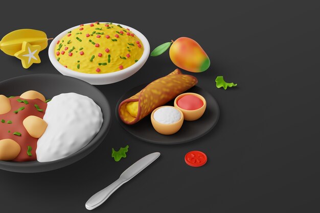 Fondo 3d con surtido de platos gastronómicos.