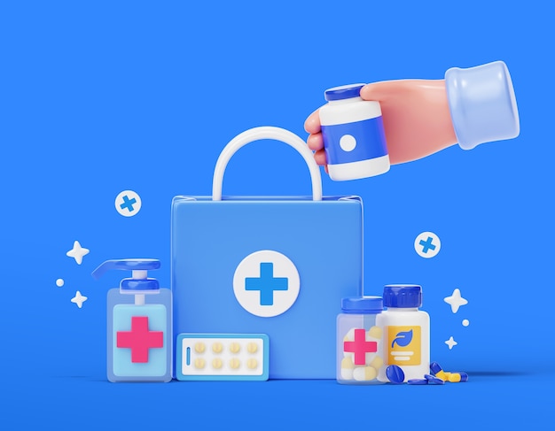 Fondo 3d con venta de elementos médicos.