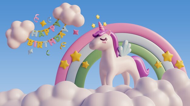 Fondo de cumpleaños 3D con elementos de cuento de hadas