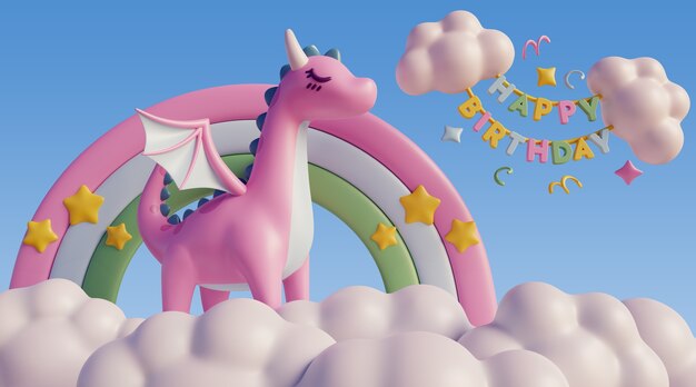 Fondo de cumpleaños 3D con elementos de cuento de hadas