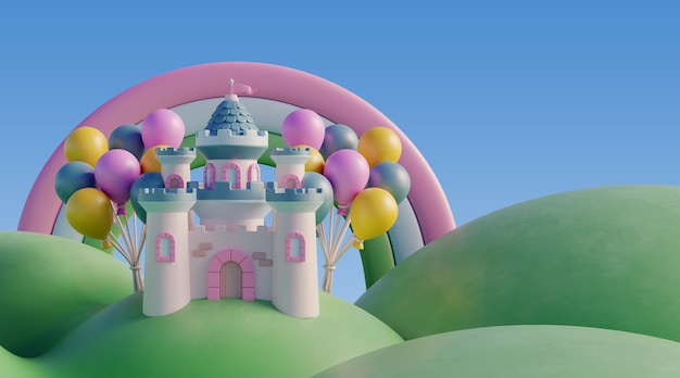 Fondo de cumpleaños 3D con elementos de cuento de hadas