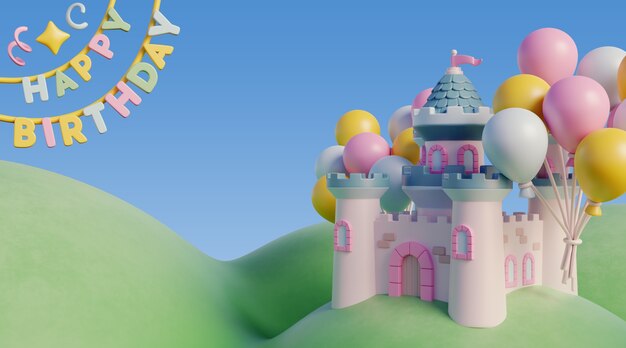 Fondo de cumpleaños 3D con elementos de cuento de hadas