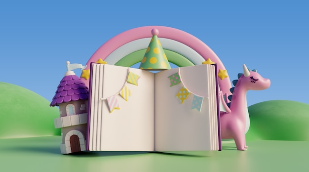 Fondo de cumpleaños 3d con elementos de cuento de hadas.