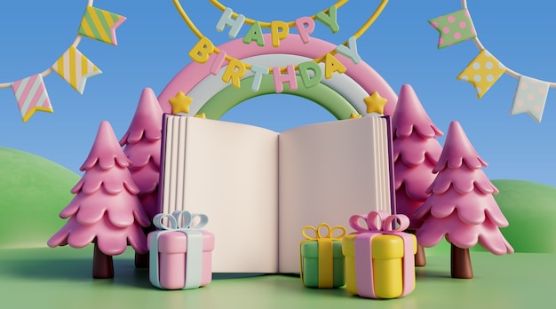 Fondo de cumpleaños 3D con elementos de cuento de hadas