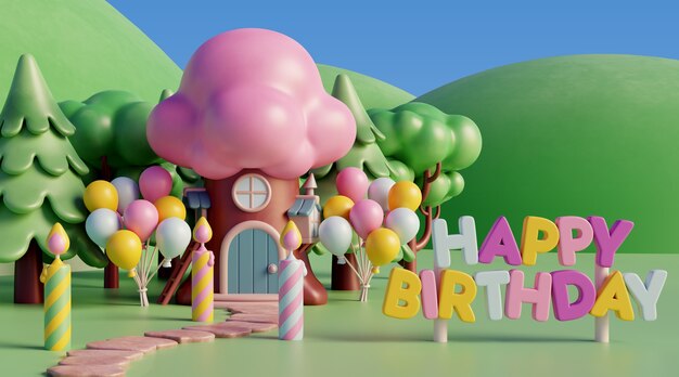 Fondo de cumpleaños 3D con elementos de cuento de hadas