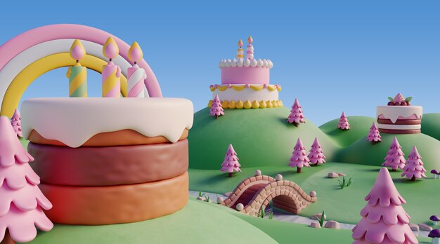 Fondo de cumpleaños 3D con elementos de cuento de hadas