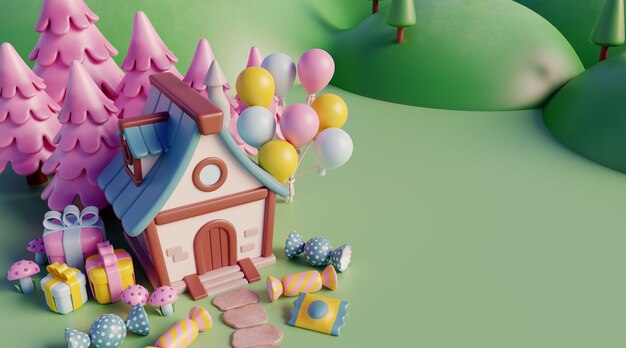 Fondo de cumpleaños 3D con elementos de cuento de hadas