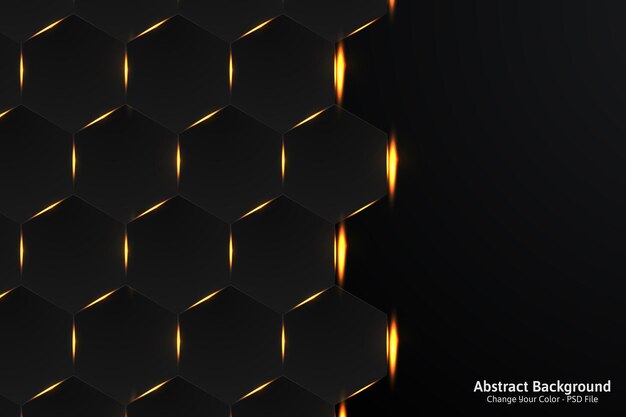 Fondo de metal negro abstracto hexagonal de lujo con líneas de luz doradas