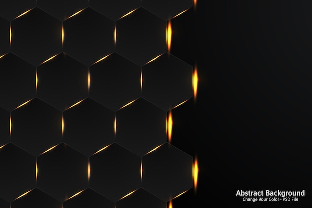 Fondo de metal negro abstracto hexagonal de lujo con líneas de luz doradas
