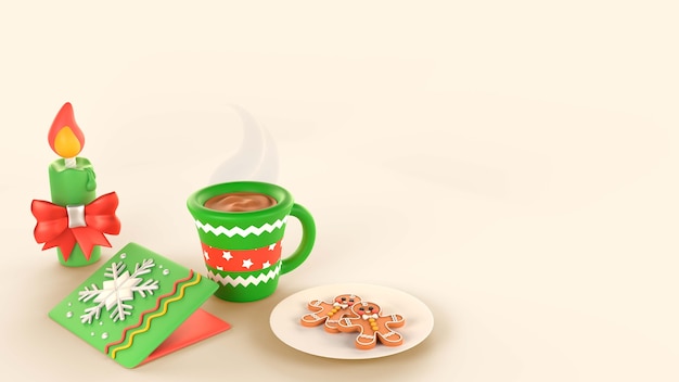 Fondo de navidad 3d con bebida caliente y galletas de jengibre