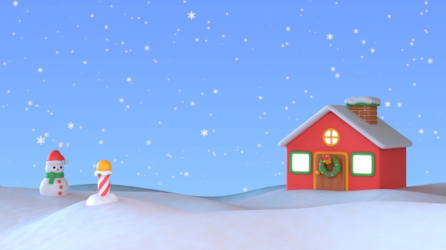 Fondo de navidad 3d con casa en la nieve y muñeco de nieve