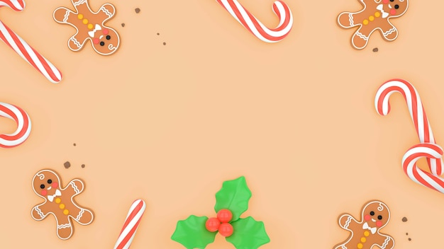 Fondo de navidad 3d con galletas de jengibre y bastones de caramelo