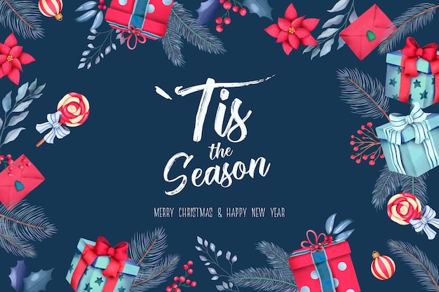 Fondo de navidad azul con regalos y adornos