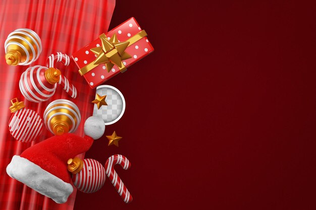 Fondo de Navidad con regalos y dulces. Ilustración 3d