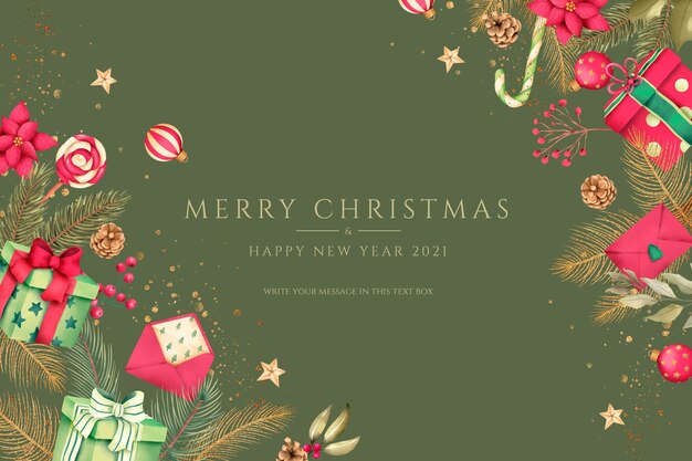 Fondo de navidad rojo y verde con regalos y adornos