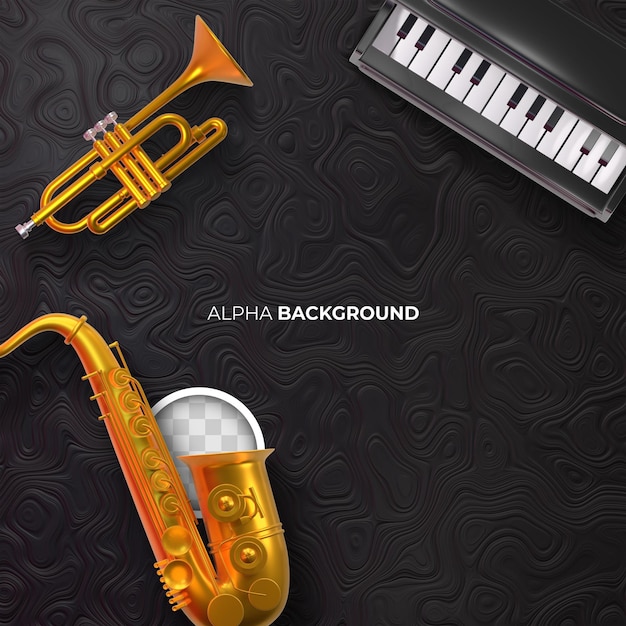 Fondo negro de la música jazz y sus instrumentos. representación 3d