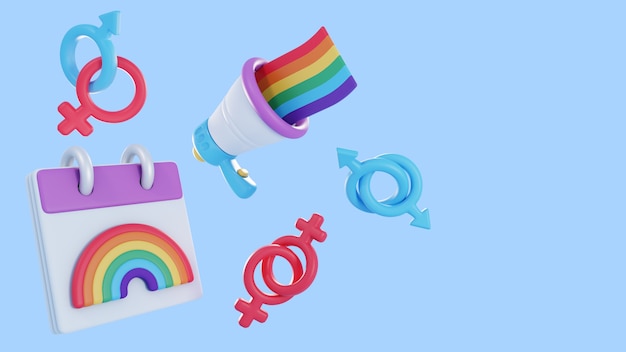 Fondo de orgullo 3d con calendario y megáfono