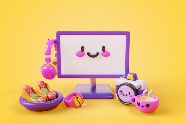 Fondo de renderizado 3d de elementos kawaii