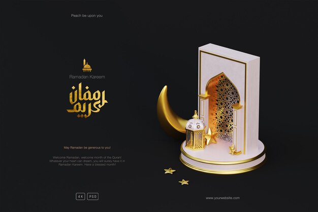 Fondo de saludos de Ramadán Kareem con linterna de media luna de podio de mezquita 3D y adornos islámicos