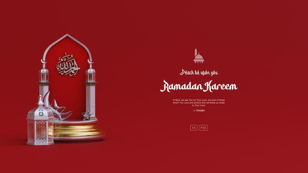 PSD gratuito fondo de saludos de ramadán kareem con linterna de media luna de podio de mezquita 3d y adornos islámicos