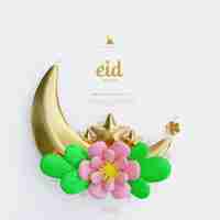 PSD gratuito fondo de tarjeta de felicitación de eid mubarak con adornos islámicos y media luna de flores decorativas en 3d